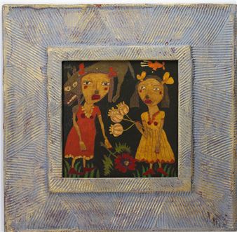 Kicking the Habit #5 , Folk art style painting with two stylized female figures holding flowers - David Tinsley