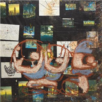 A layered collage featuring a central abstract figure surrounded by cityscape photographs and sketches.
