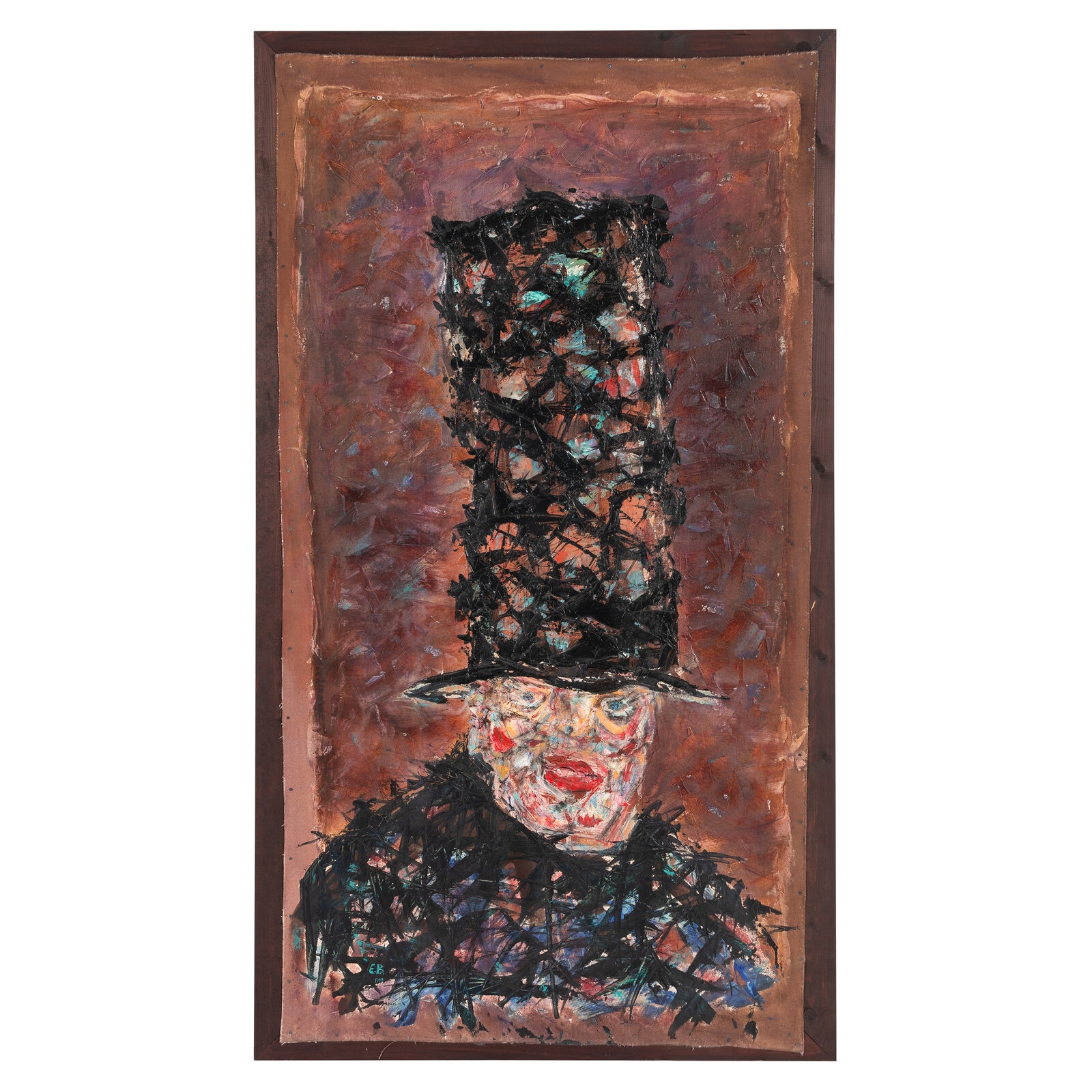 A textured portrait of a figure in a tall top hat against a rusted background.
