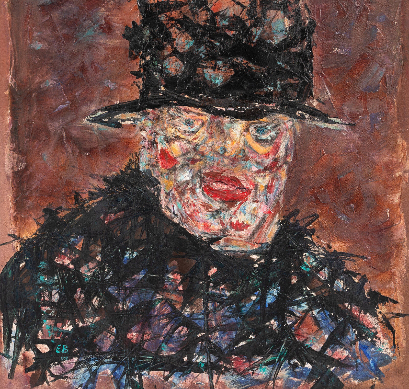 A textured portrait of a figure in a tall top hat against a rusted background.