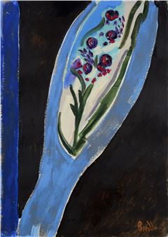 A stylized blue spoon filled with a floral arrangement against a dark background.