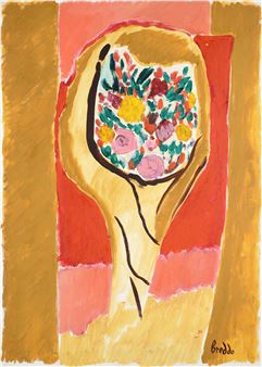 A colorful portrait of a figure with a floral face against a warm, abstract background.