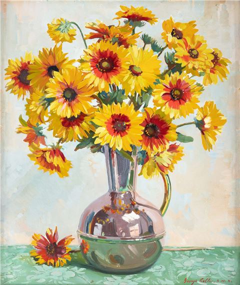 A vibrant still life of yellow and red flowers in a reflective silver pitcher.
