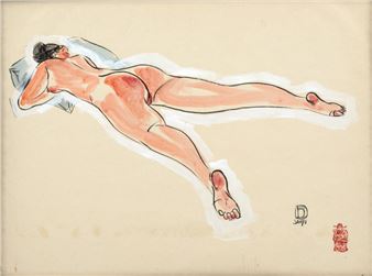 A loose, expressive drawing of a nude figure lying on a pillow.
