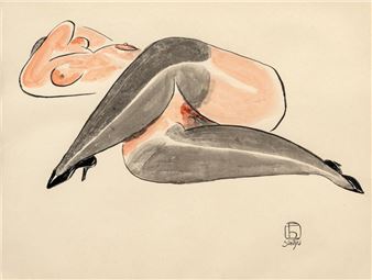 A stylized figure in a reclining pose rendered with bold, fluid lines and a limited color palette.