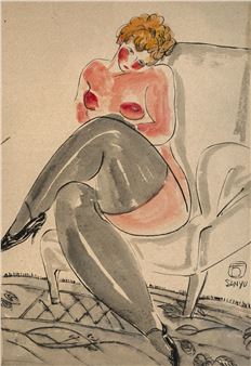 A stylized figure reclines in a chair, rendered with bold lines and soft washes of color.