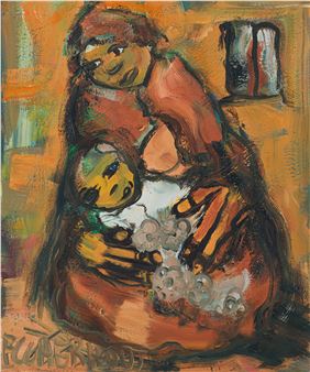A vibrant, expressive painting of a mother figure holding a child against a warm, abstract background.