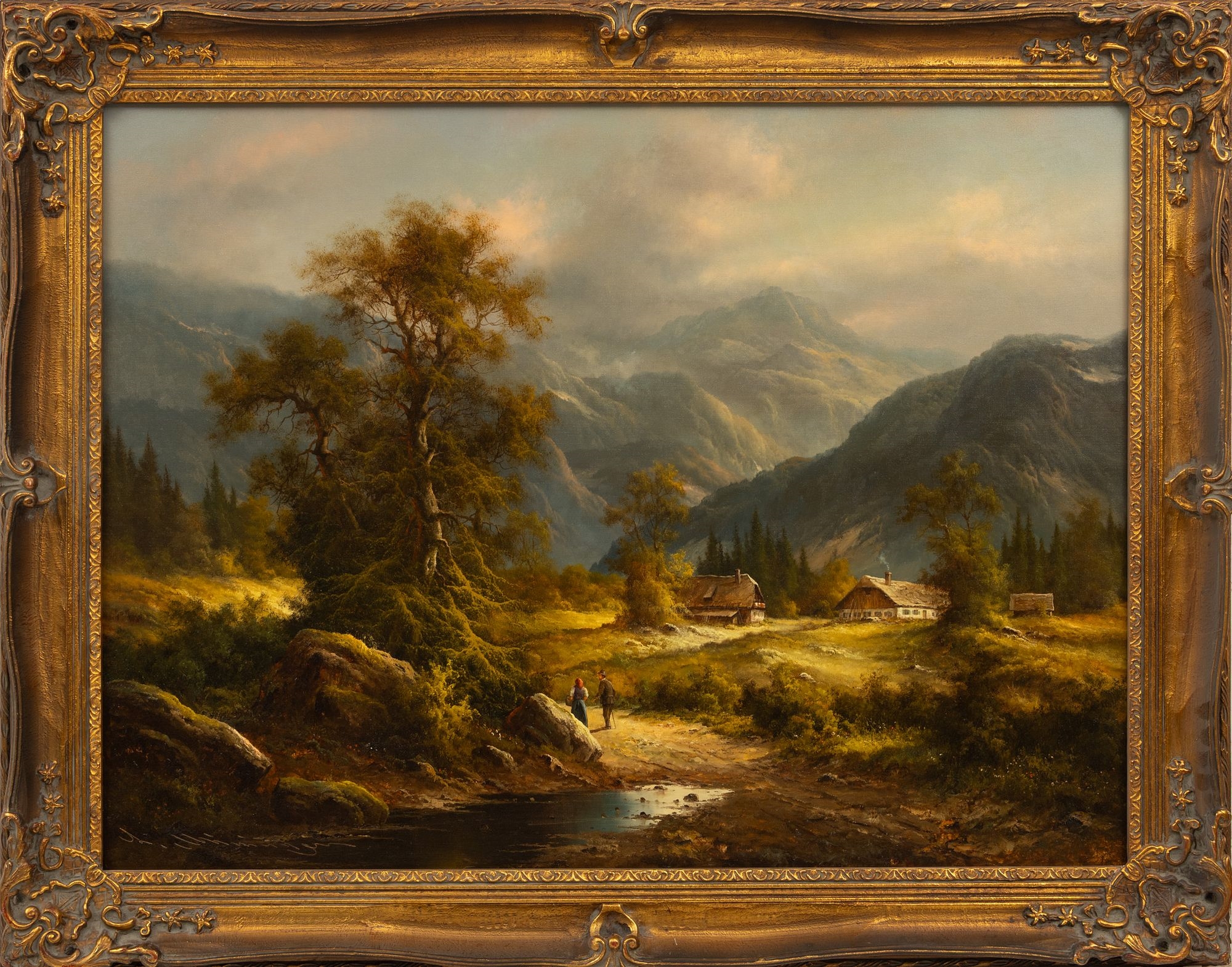 A serene landscape painting featuring a mountain valley with rustic buildings, a stream, and two figures walking along a path.