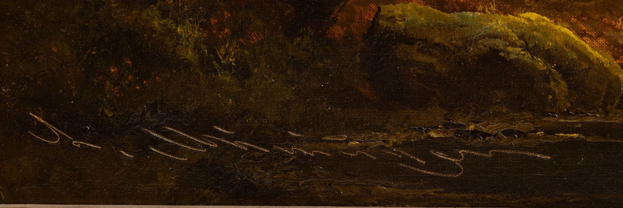 A serene landscape painting featuring a mountain valley with rustic buildings, a stream, and two figures walking along a path.