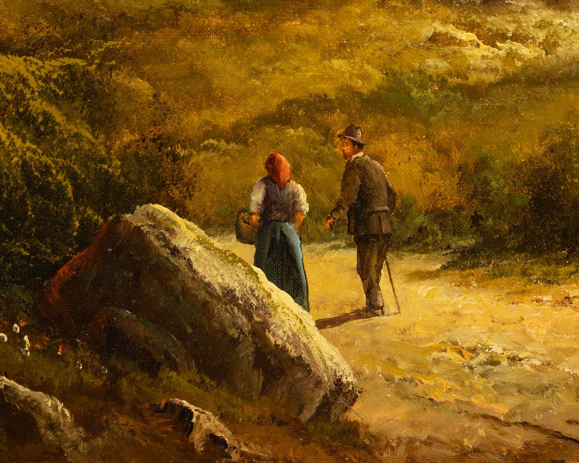 A serene landscape painting featuring a mountain valley with rustic buildings, a stream, and two figures walking along a path.