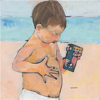 A child stands on a beach holding a colorful can, looking down at it with a contemplative expression.