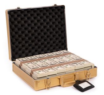 A golden briefcase filled with neatly stacked bundles of currency, set against a stark white background.