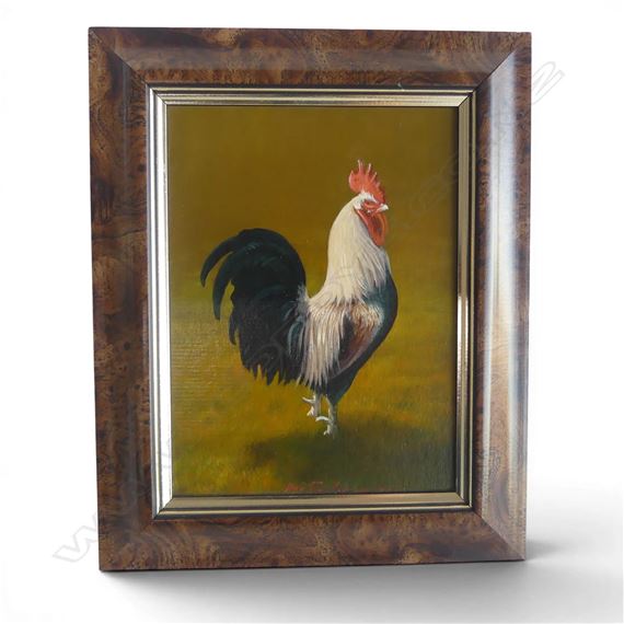 A framed painting of a rooster standing on grass against a yellow background.