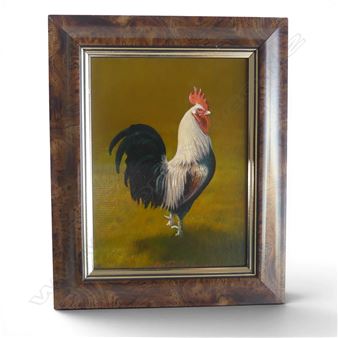 A framed painting of a rooster standing on grass against a yellow background.