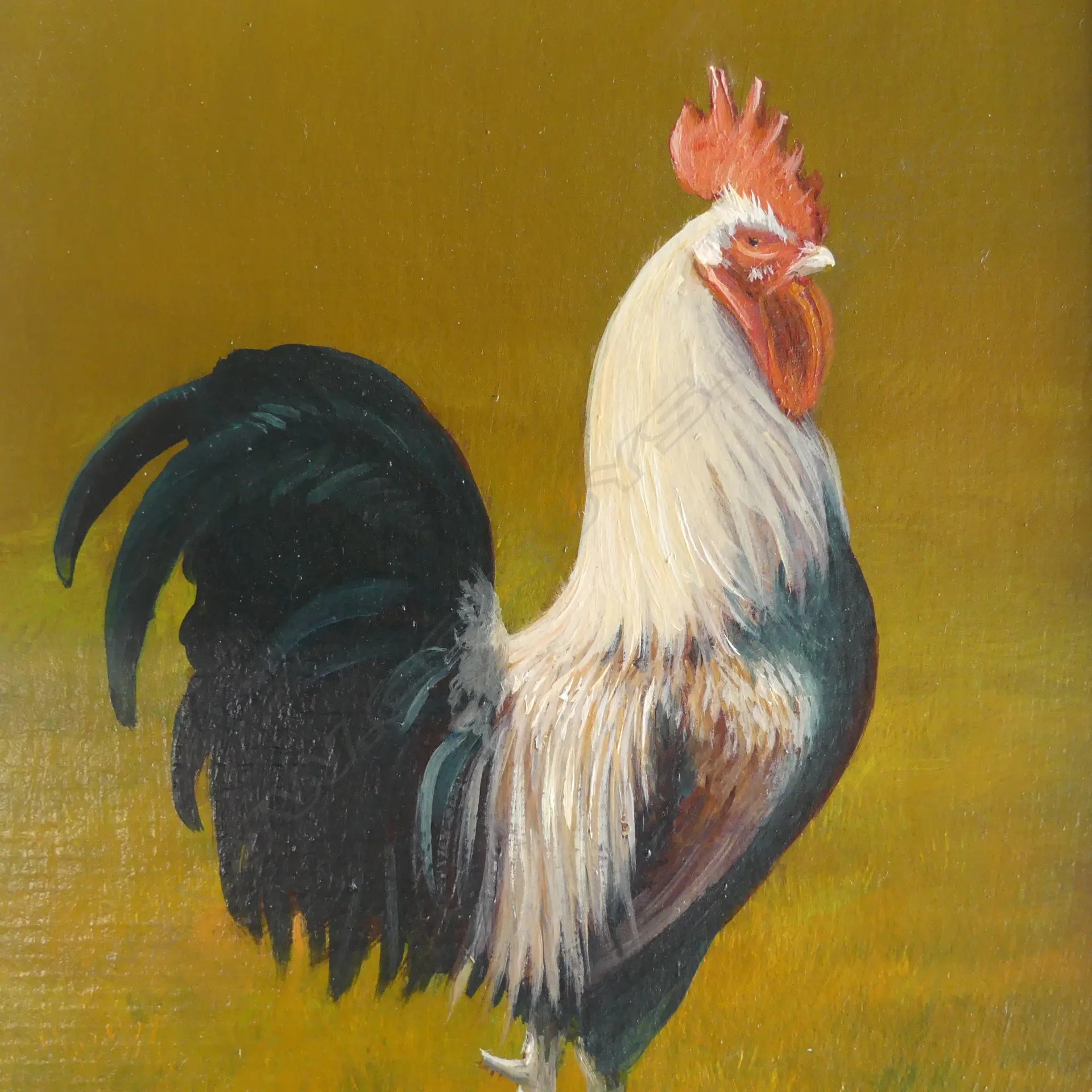 A framed painting of a rooster standing on grass against a yellow background.