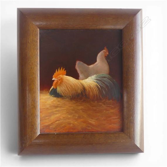 A framed painting of a rooster and hen resting in straw.