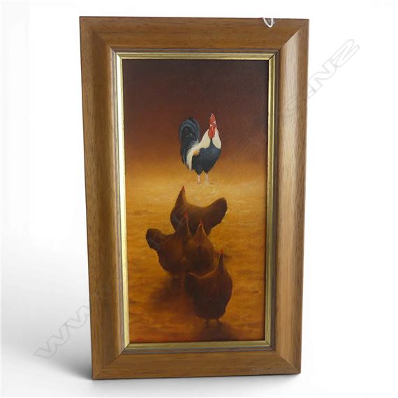 A framed painting of a rooster standing over three hens in a warm, earthy landscape.