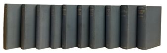 A row of ten identical dark grey hardcover books lined up against a white background.