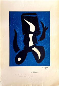 A bold, abstract composition featuring a stylized human figure in black against a speckled blue background.