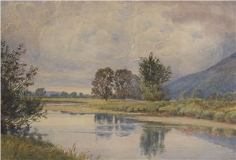A serene watercolor landscape featuring a calm river reflecting a cloudy sky and distant hills.