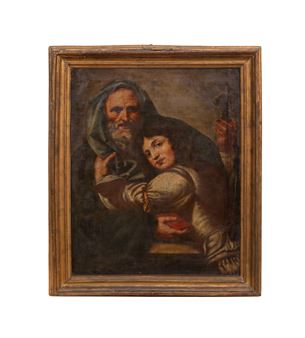 An intimate oil painting of an elderly figure embracing a young child.