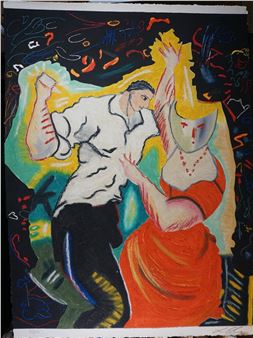 A dynamic, abstracted dance scene featuring two figures in a vibrant, high-contrast composition.
