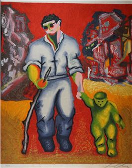 A bold, graphic print of a figure in a white jumpsuit holding hands with a small green figure against a vibrant red background.