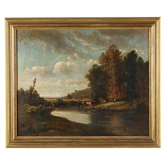 A pastoral landscape painting featuring a river, trees, and distant hills under a cloudy sky.