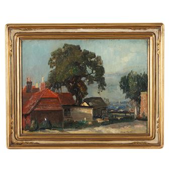 A rustic landscape painting featuring red-roofed cottages and a large tree under a soft sky.