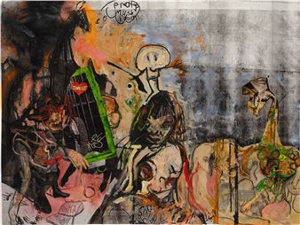A chaotic, layered collage featuring a distorted face, a green guitar-like object, and abstract figures against a textured background.