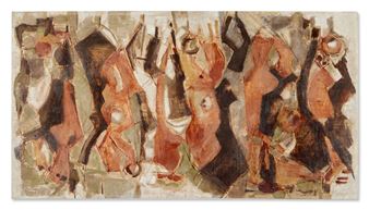 A dynamic abstract composition featuring a group of stylized, elongated figures in earthy tones against a textured background.