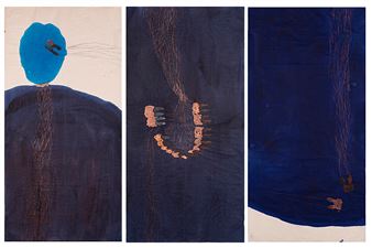 A triptych of abstract figures composed of dark blue shapes and thin, thread-like lines against a neutral background.