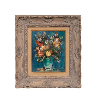 A floral still life in a teal vase set against a deep blue background, framed by an ornate carved wooden border.