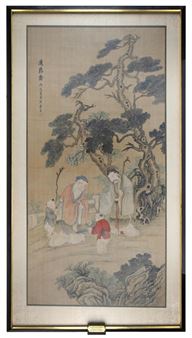 A traditional East Asian scroll painting depicting figures in a garden setting under a stylized pine tree.