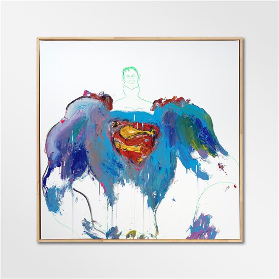 A colorful painting of a figure with large wings and a red chest emblem.