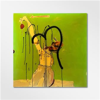 A stylized figure in a yellow dress raises an arm against a bright green background, with black lines dripping from the head.
