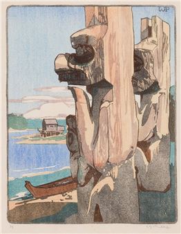 A stylized woodcut scene featuring a carved totem pole in the foreground with a coastal village and boat in the background.