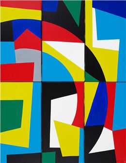 A vibrant abstract composition featuring bold geometric shapes and a dynamic color palette.