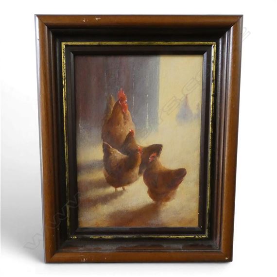 A framed oil painting of three brown chickens in a rustic barn setting.