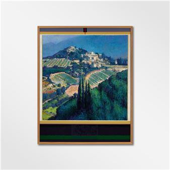 A framed landscape painting of a terraced hillside village under a blue sky.