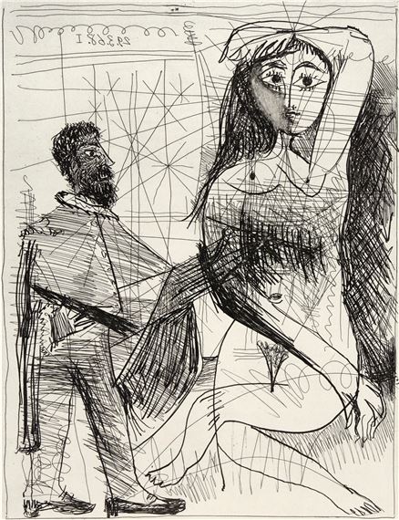 A sketchy charcoal drawing of a bearded man and a nude woman in a dynamic pose.