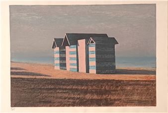 A graphic print of three stylized beach huts on a sandy shore.