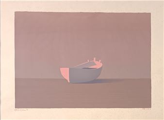 A minimalist print featuring a stylized boat on a neutral surface.