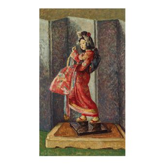 A painted doll figure in a red dress stands on a pedestal against a dark, textured background.