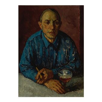 A somber portrait of a seated figure in blue, holding a cigarette and glass.
