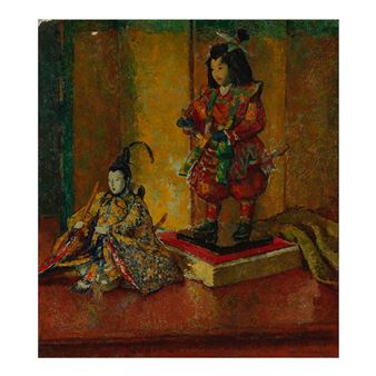 A still life featuring two painted figures in traditional armor and robes against a textured, warm-toned background.