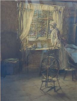 A figure stands by a window in a dimly lit room filled with a spinning wheel and rustic furniture.