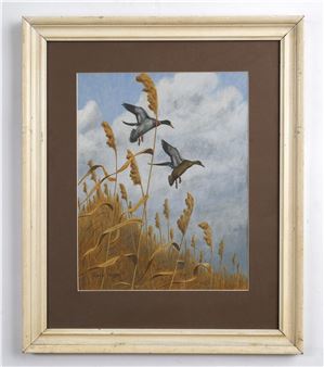 A framed painting of two birds flying over tall golden reeds against a cloudy sky.