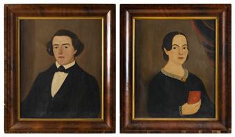 A diptych of formal portraits featuring a man in a bow tie and a woman holding a red book.