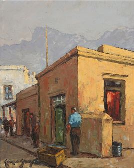 A sun-drenched street scene with figures and buildings against distant mountains.